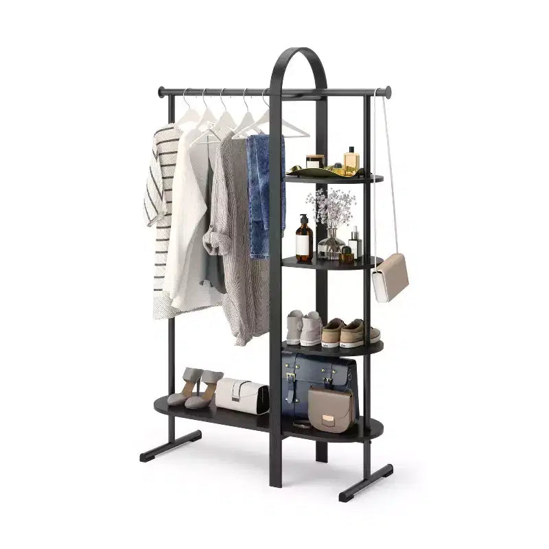 Eucalyptus Wood Garment Rack with 4 Shelves & Hanging Rod - Black