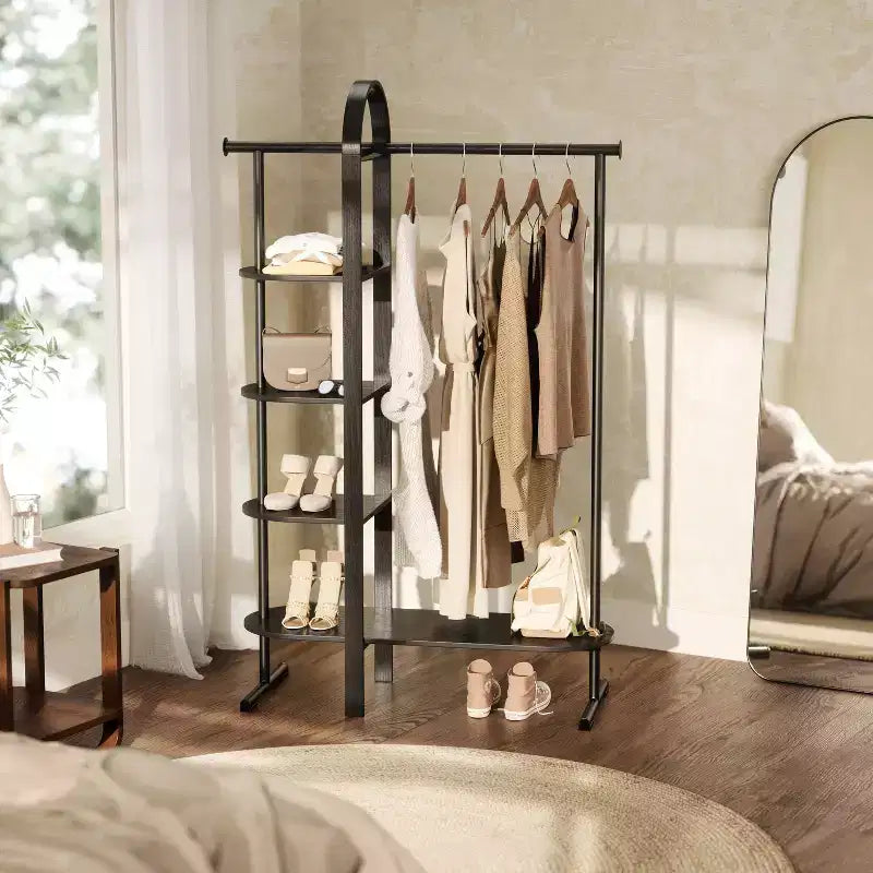 Eucalyptus Wood Garment Rack with 4 Shelves & Hanging Rod - Black