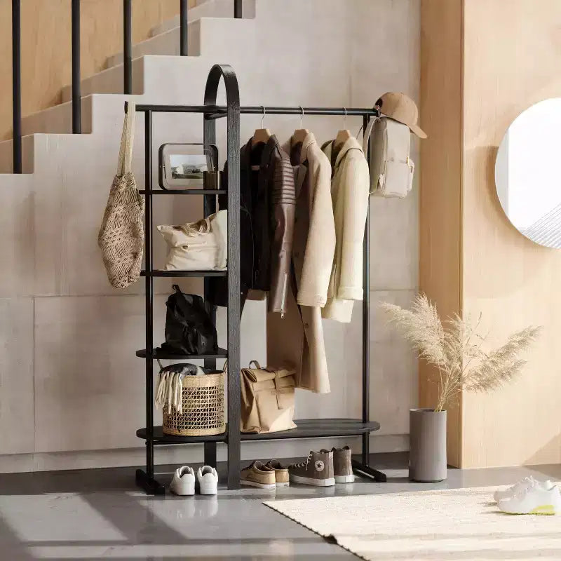 Eucalyptus Wood Garment Rack with 4 Shelves & Hanging Rod - Black