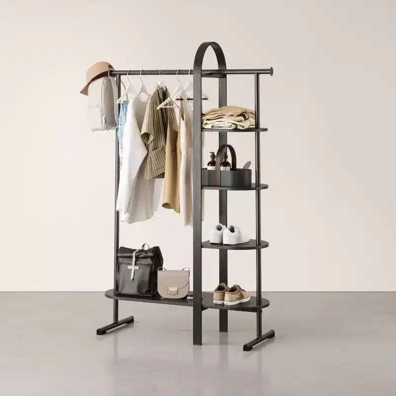 Eucalyptus Wood Garment Rack with 4 Shelves & Hanging Rod - Black