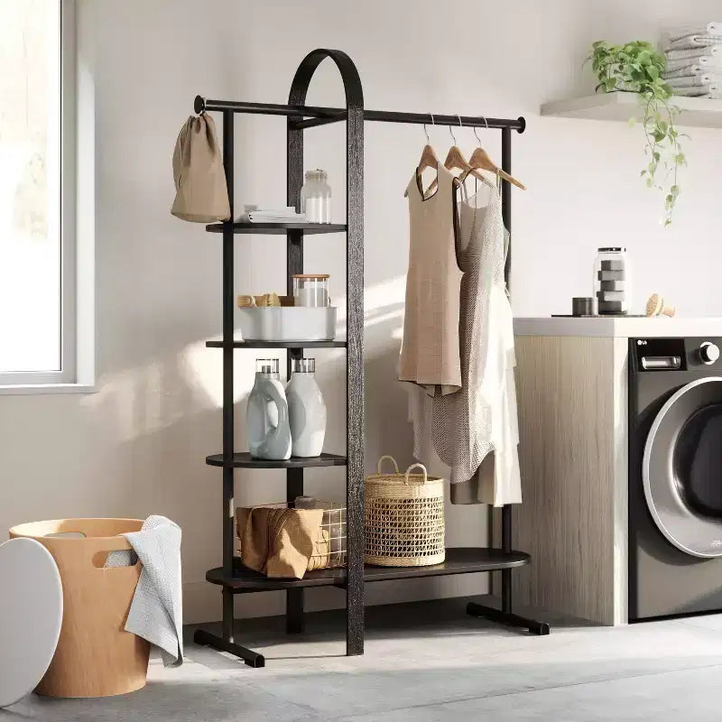 Eucalyptus Wood Garment Rack with 4 Shelves & Hanging Rod - Black