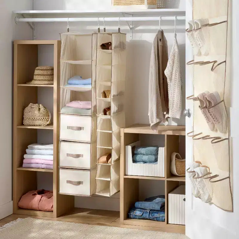 Hanging Closet Organizer Bundle - 16 Shelves, Tan (3-Pack)