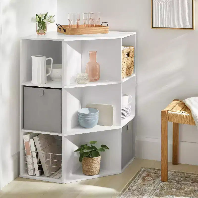 9-Cube Corner Bookshelf with Open Shelves - White