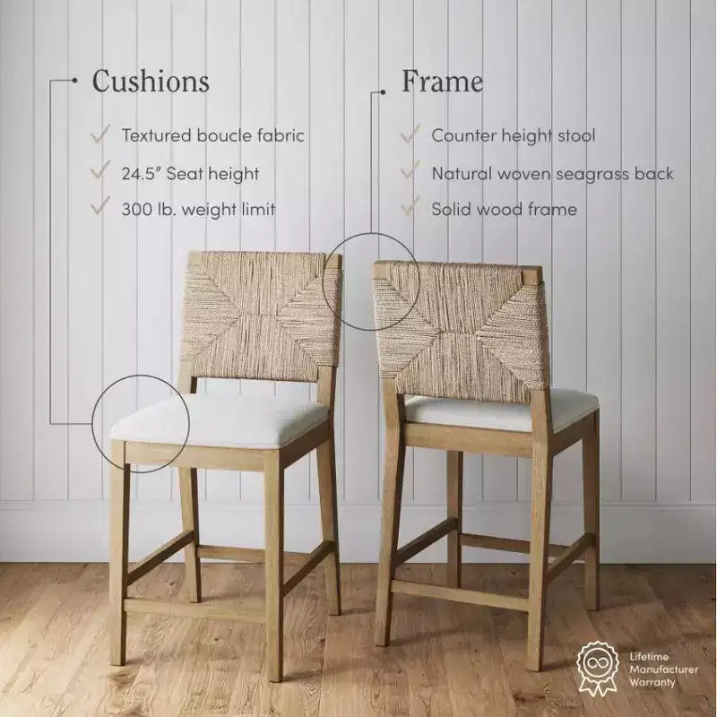 Set of 4 Counter Height Barstools with Seagrass Back & Boucle Seat - Cream