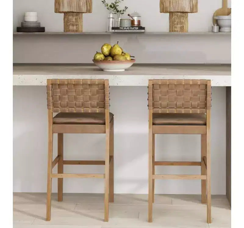 Set of 2 Counter Height Barstools with Faux Leather Back - Brown