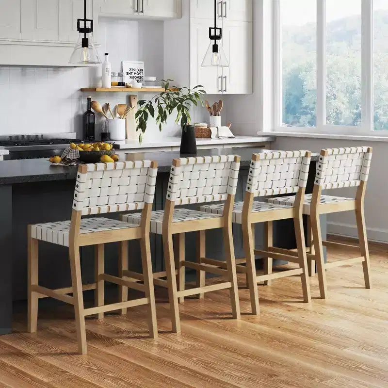 Set of 4 Counter Height Barstools with Woven Faux Leather - White