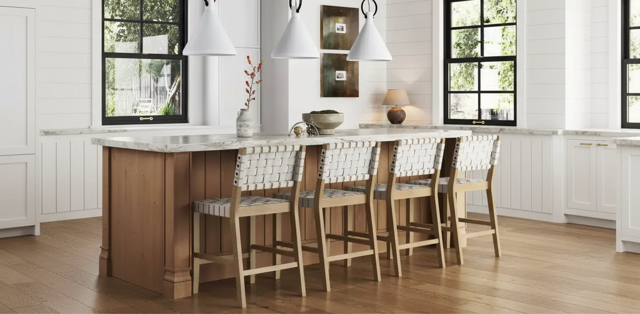 Set of 4 Counter Height Barstools with Woven Faux Leather - White