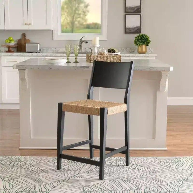 Set of 2 Mid-Century Counter Stools with Handwoven Rope Seat - Black