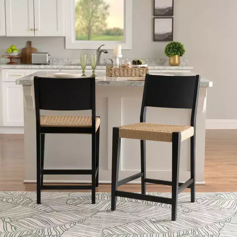Set of 2 Mid-Century Counter Stools with Handwoven Rope Seat - Black