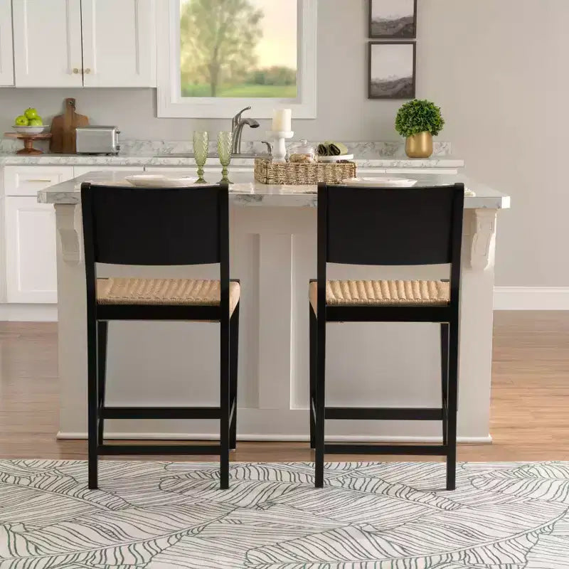 Set of 2 Mid-Century Counter Stools with Handwoven Rope Seat - Black
