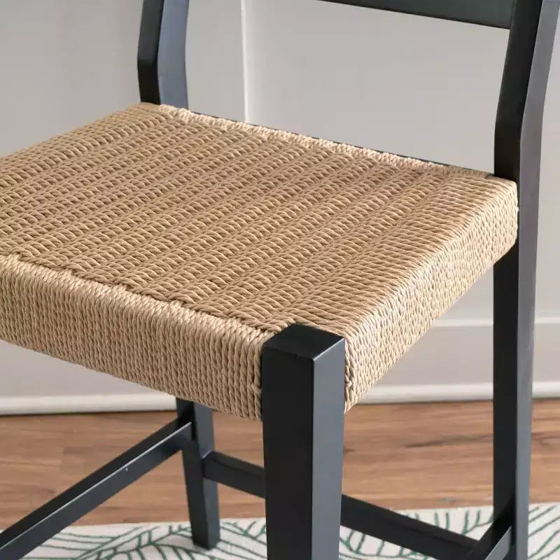 Set of 2 Mid-Century Counter Stools with Handwoven Rope Seat - Black