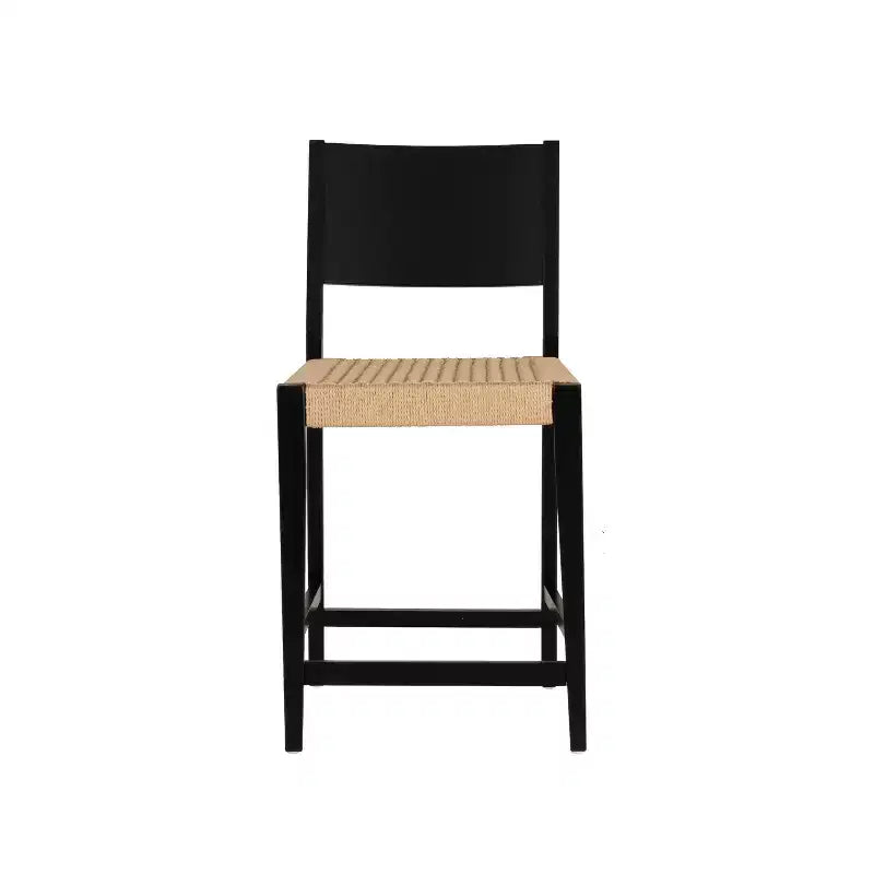 Set of 2 Mid-Century Counter Stools with Handwoven Rope Seat - Black