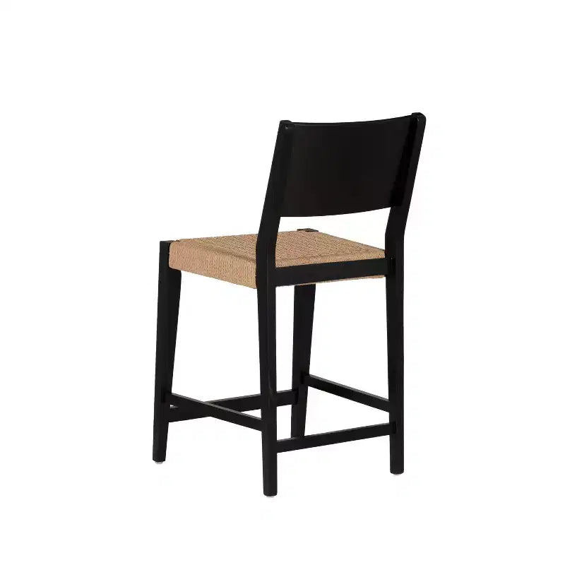 Set of 2 Mid-Century Counter Stools with Handwoven Rope Seat - Black