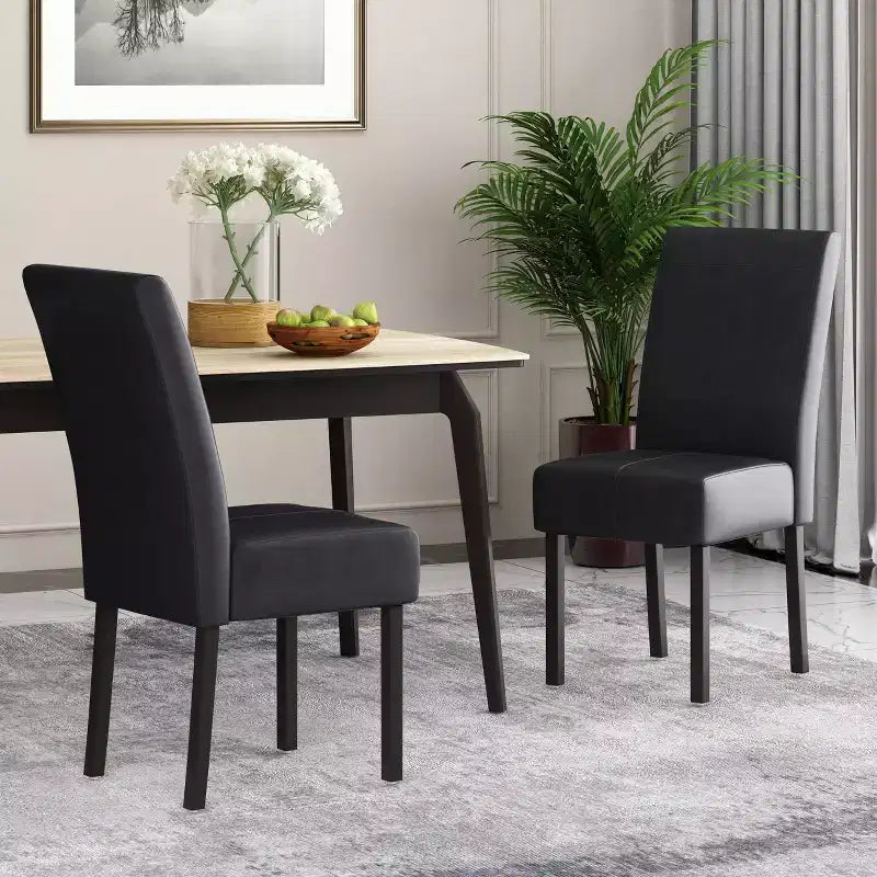 Set of 2 Faux Leather High Back Dining Chairs with T-Stitch - Black