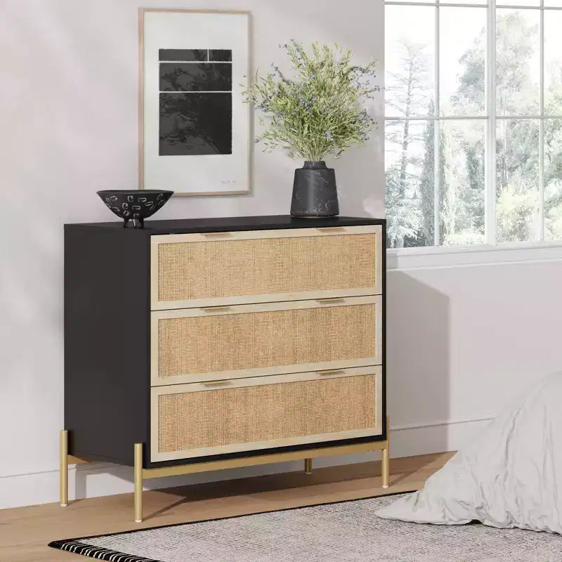 Nathan James Andrew 3 Drawer Rattan Dresser Black/Light Oak