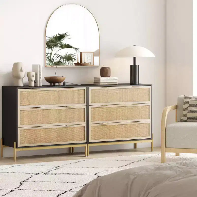 Nathan James Andrew 3 Drawer Rattan Dresser Black/Light Oak