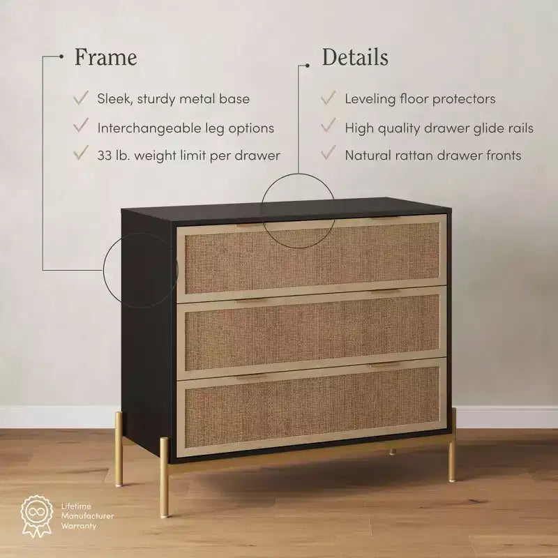 Nathan James Andrew 3 Drawer Rattan Dresser Black/Light Oak