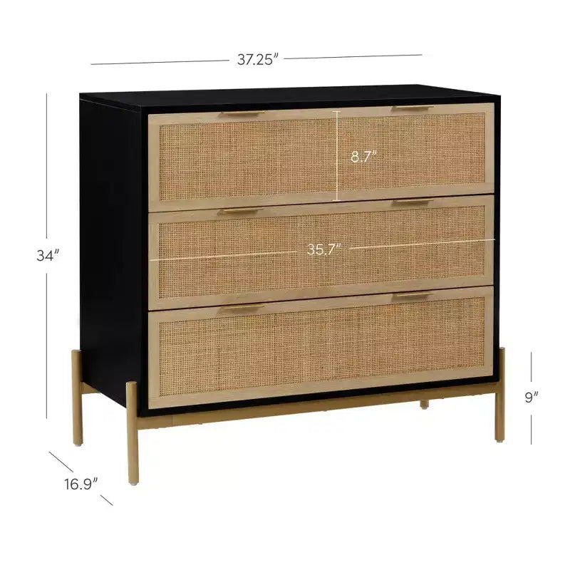 Nathan James Andrew 3 Drawer Rattan Dresser Black/Light Oak