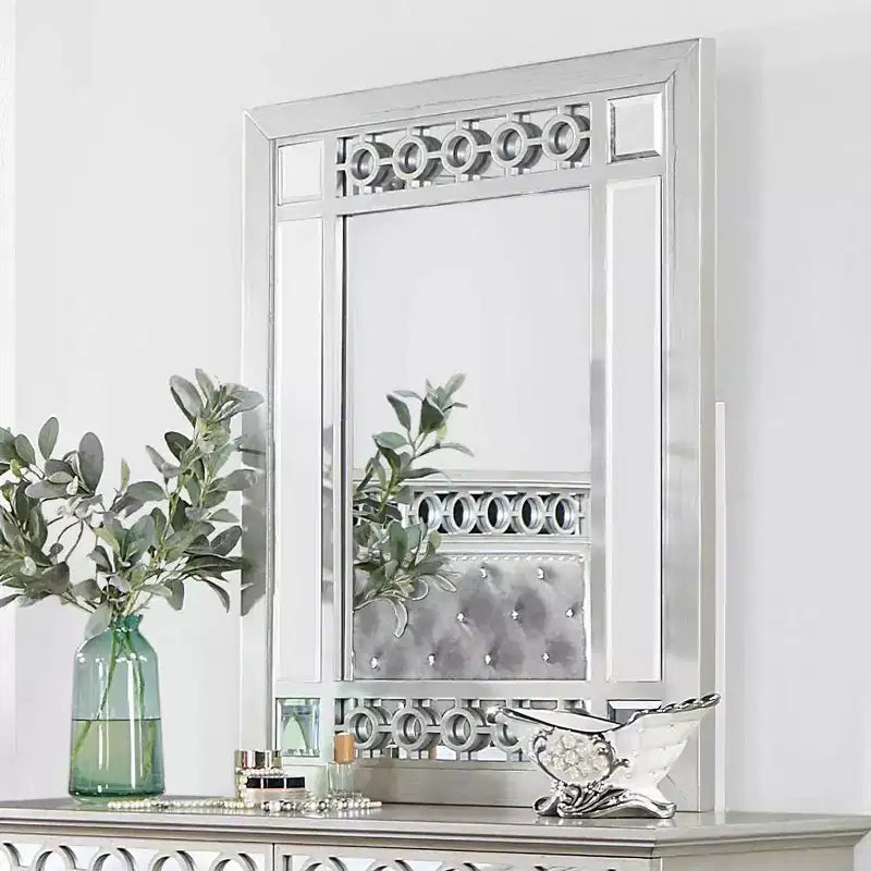 Dresser Mount Mirror with Silver Mirrored Frame & Geometric Trim
