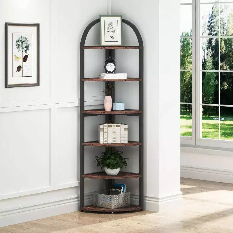 70.87" Tall 6-Tier Corner Bookcase & Plant Stand - Brown