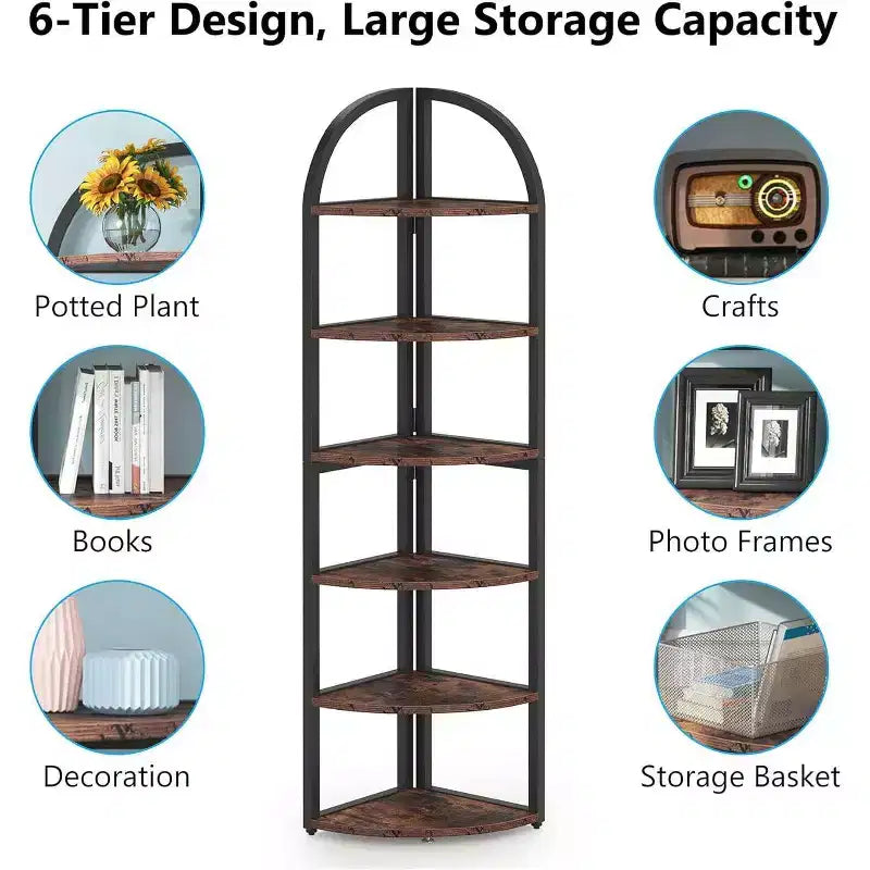 70.87" Tall 6-Tier Corner Bookcase & Plant Stand - Brown