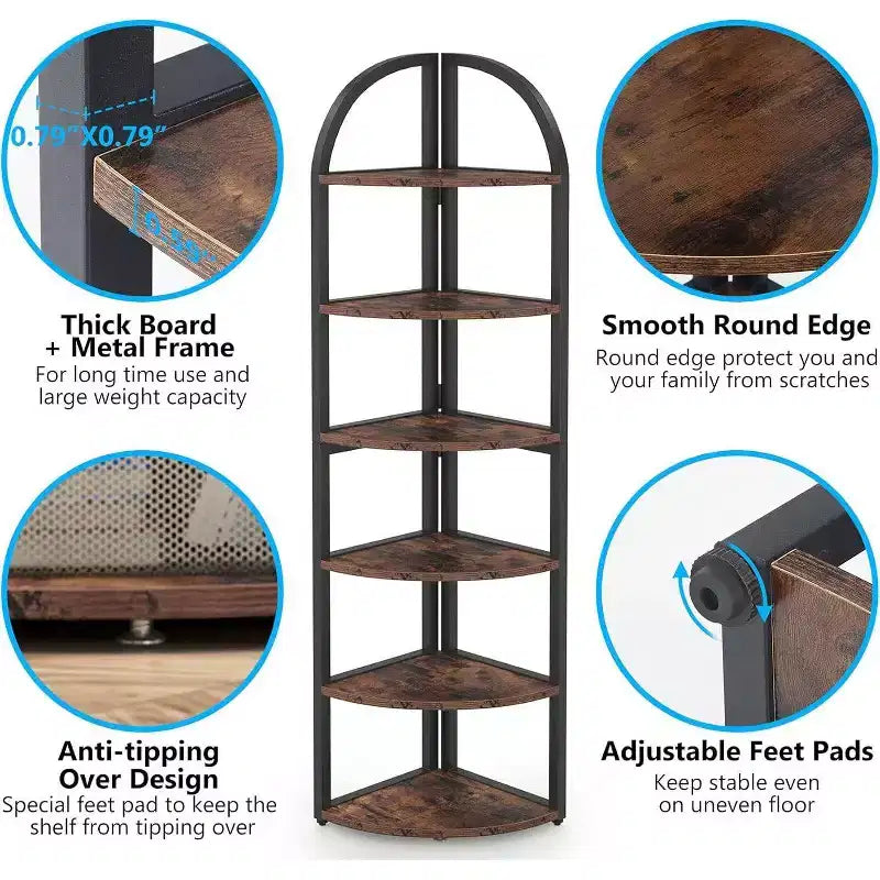 70.87" Tall 6-Tier Corner Bookcase & Plant Stand - Brown