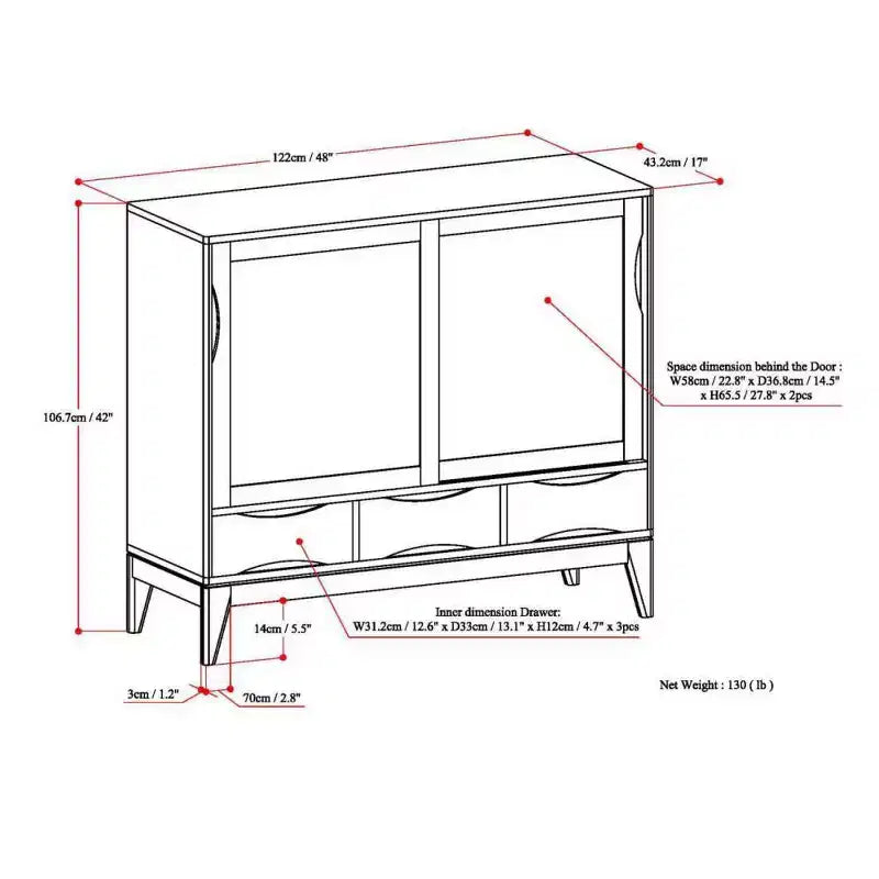 Medium Storage Cabinet with Sliding Doors, Shelves & Drawers - Teak Brown