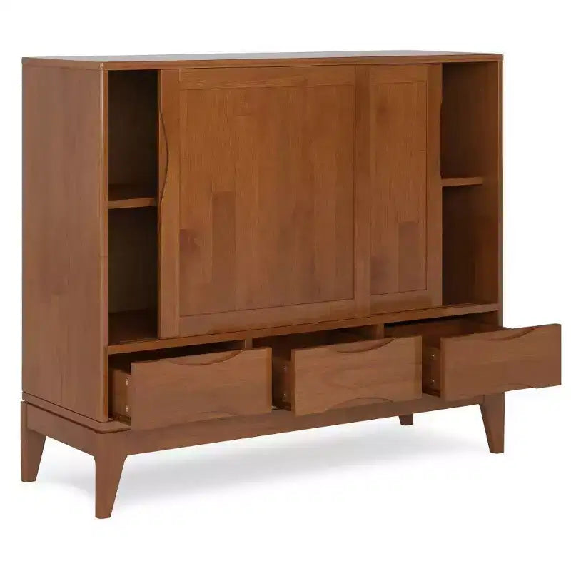 Medium Storage Cabinet with Sliding Doors, Shelves & Drawers - Teak Brown