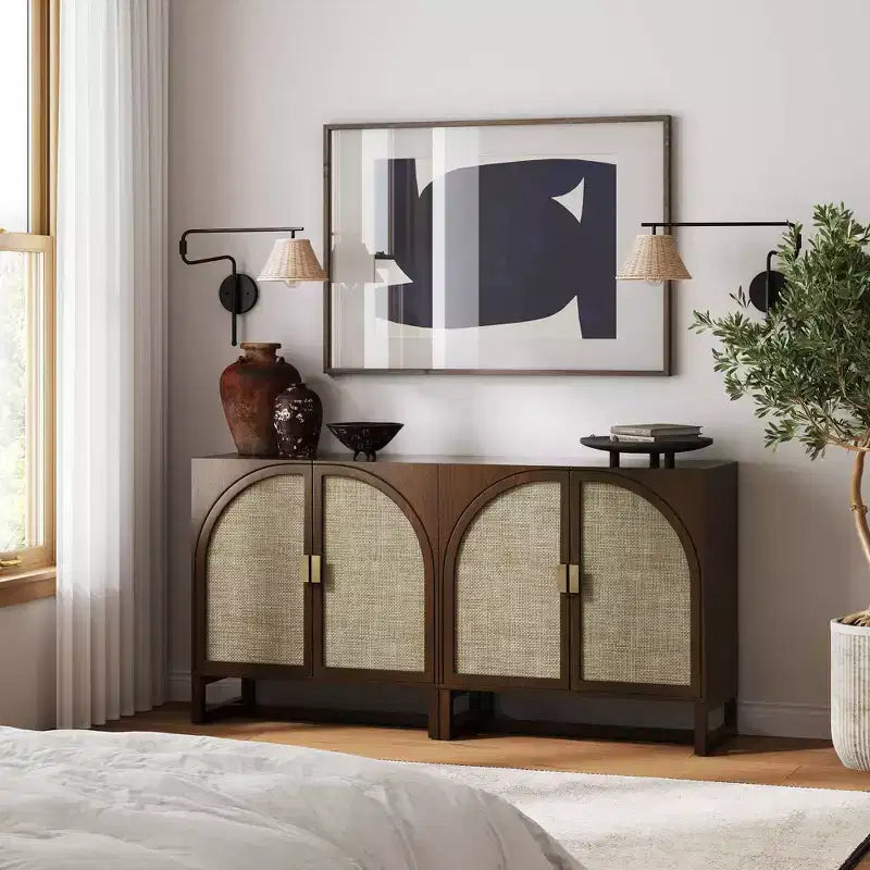 Boho Wood Storage Cabinet with Arched Rattan Doors - Dark Brown