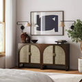 Boho Wood Storage Cabinet with Arched Rattan Doors - Dark Brown