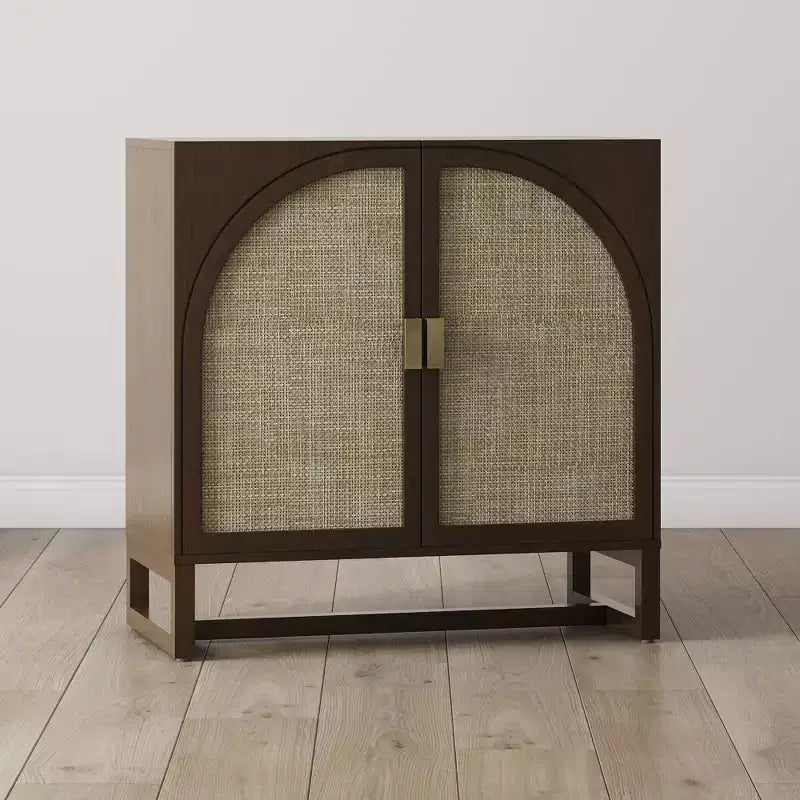 Boho Wood Storage Cabinet with Arched Rattan Doors - Dark Brown