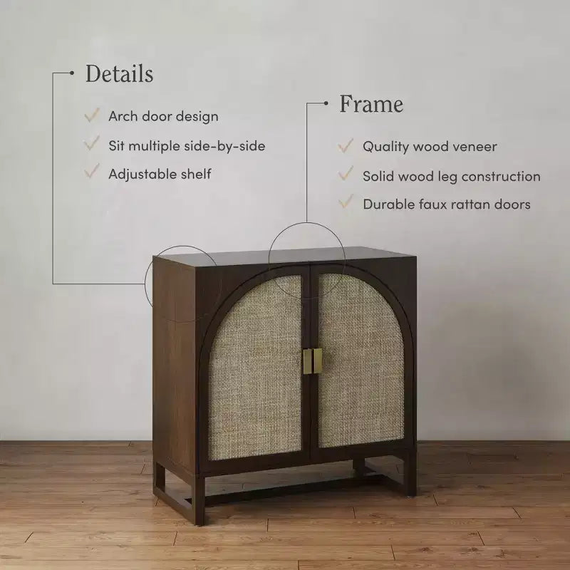 Boho Wood Storage Cabinet with Arched Rattan Doors - Dark Brown