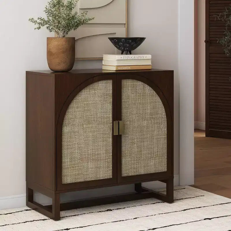 Boho Wood Storage Cabinet with Arched Rattan Doors - Dark Brown