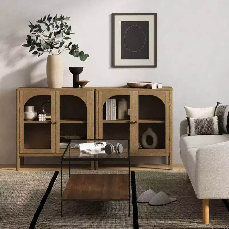 Console Storage Cabinet with Curved Tempered Glass Doors - Brown