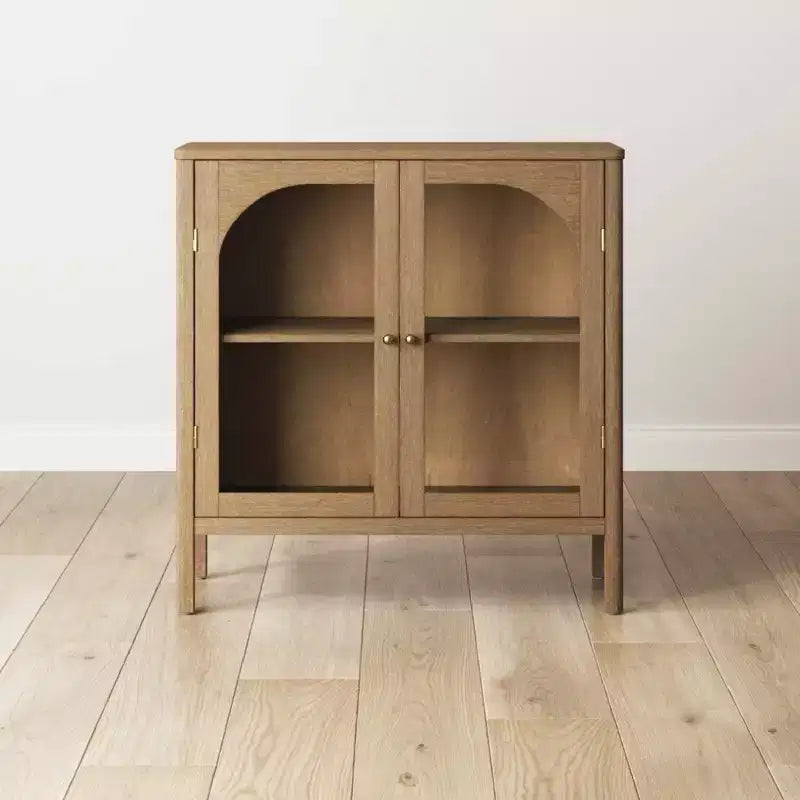 Console Storage Cabinet with Curved Tempered Glass Doors - Brown
