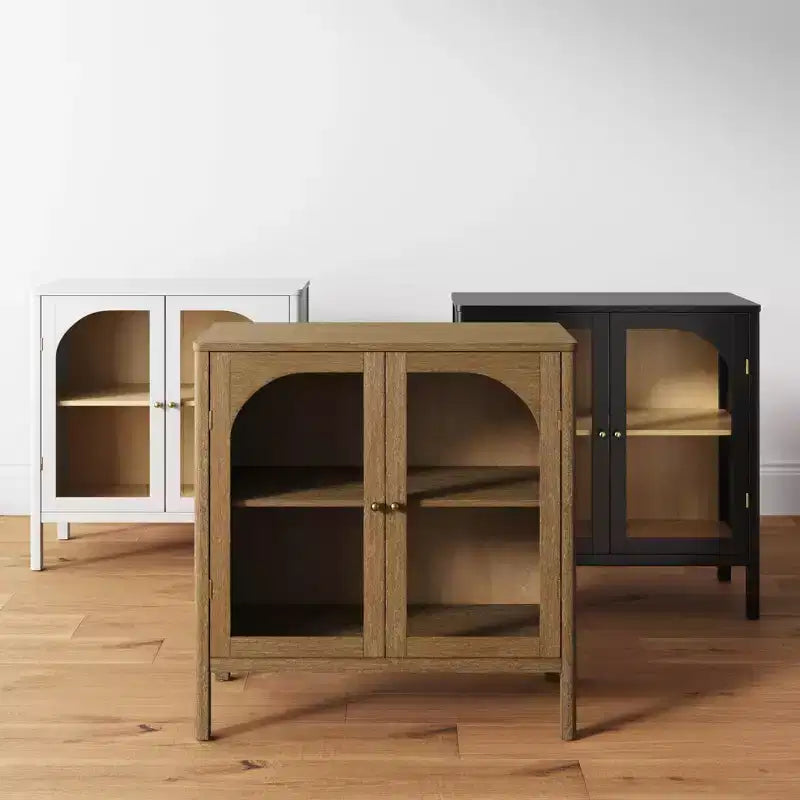 Console Storage Cabinet with Curved Tempered Glass Doors - Brown