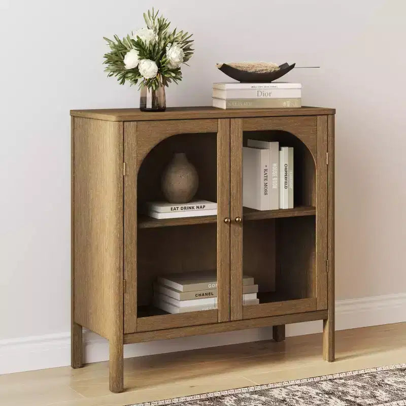 Console Storage Cabinet with Curved Tempered Glass Doors - Brown