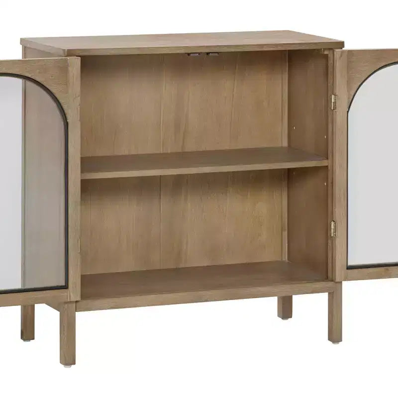 Console Storage Cabinet with Curved Tempered Glass Doors - Brown
