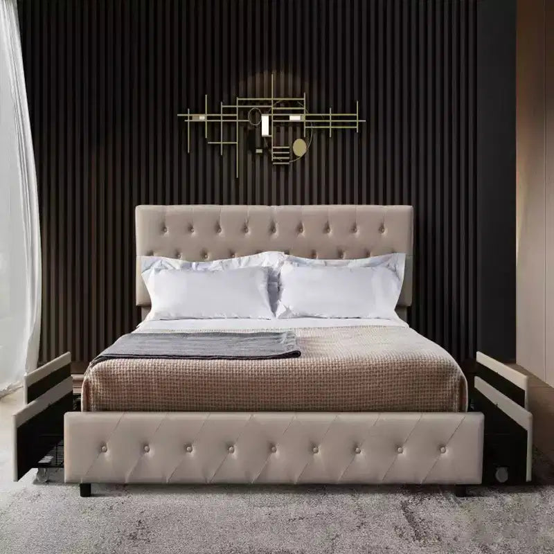 Twin Platform Storage Bed with 4 Drawers & Tufted Headboard - Beige