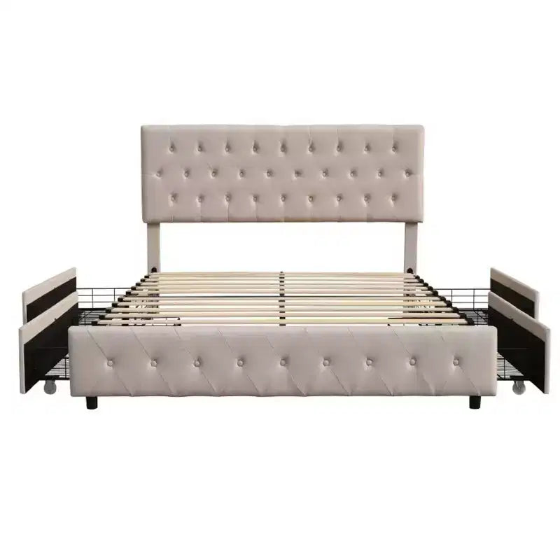 Twin Platform Storage Bed with 4 Drawers & Tufted Headboard - Beige