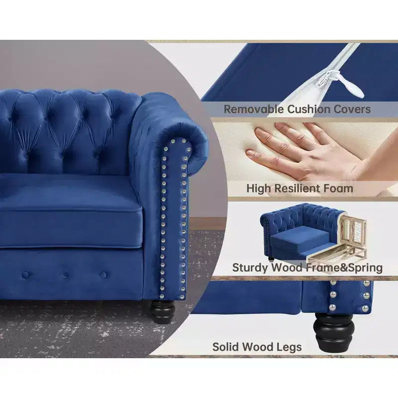 6 Seater 3pcs Linen Chesterfield Couches, Armchair Loveseat Sofa Set Tufted Couch for Living Room -Morden Fort