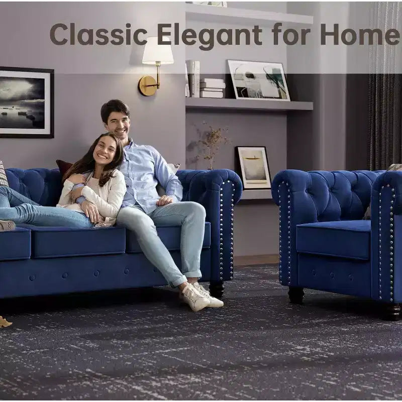 6 Seater 3pcs Linen Chesterfield Couches, Armchair Loveseat Sofa Set Tufted Couch for Living Room -Morden Fort