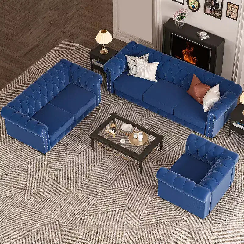 6 Seater 3pcs Linen Chesterfield Couches, Armchair Loveseat Sofa Set Tufted Couch for Living Room -Morden Fort