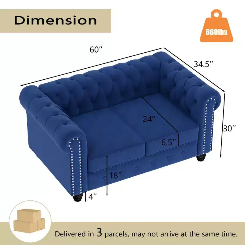 6 Seater 3pcs Linen Chesterfield Couches, Armchair Loveseat Sofa Set Tufted Couch for Living Room -Morden Fort