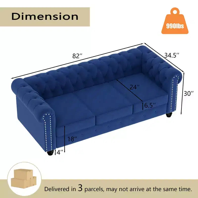 6 Seater 3pcs Linen Chesterfield Couches, Armchair Loveseat Sofa Set Tufted Couch for Living Room -Morden Fort