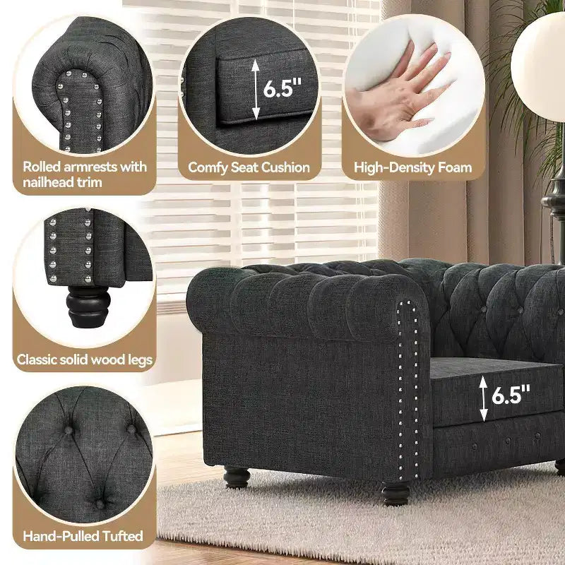 6 Seater 3pcs Linen Chesterfield Couches, Armchair Loveseat Sofa Set Tufted Couch for Living Room -Morden Fort
