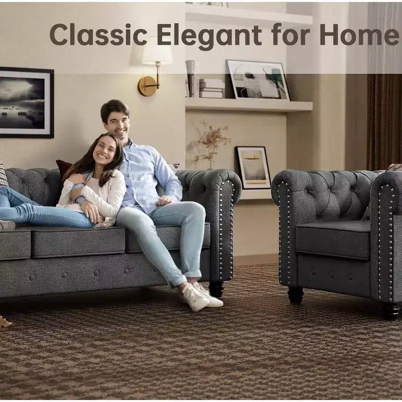 6 Seater 3pcs Linen Chesterfield Couches, Armchair Loveseat Sofa Set Tufted Couch for Living Room -Morden Fort