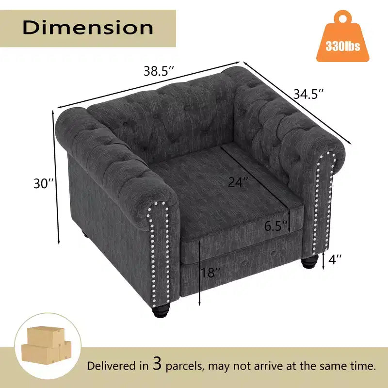 6 Seater 3pcs Linen Chesterfield Couches, Armchair Loveseat Sofa Set Tufted Couch for Living Room -Morden Fort