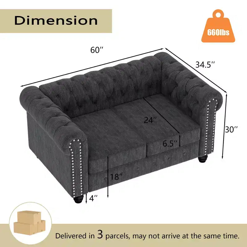 6 Seater 3pcs Linen Chesterfield Couches, Armchair Loveseat Sofa Set Tufted Couch for Living Room -Morden Fort