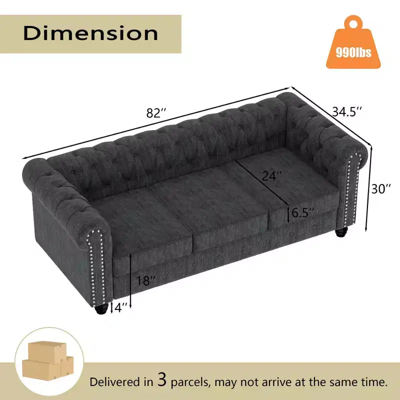 6 Seater 3pcs Linen Chesterfield Couches, Armchair Loveseat Sofa Set Tufted Couch for Living Room -Morden Fort